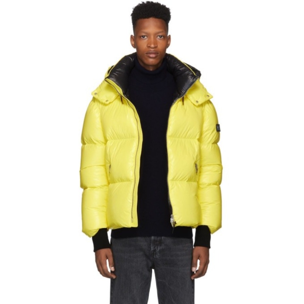 NWT Mackage Kent Lustrous Down Puffer Jacket with Hood in Yellow Size 40/Large